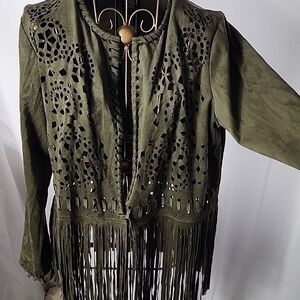 Vintage Soft Fringed Olive Green Cutwork Open Jacket Size M